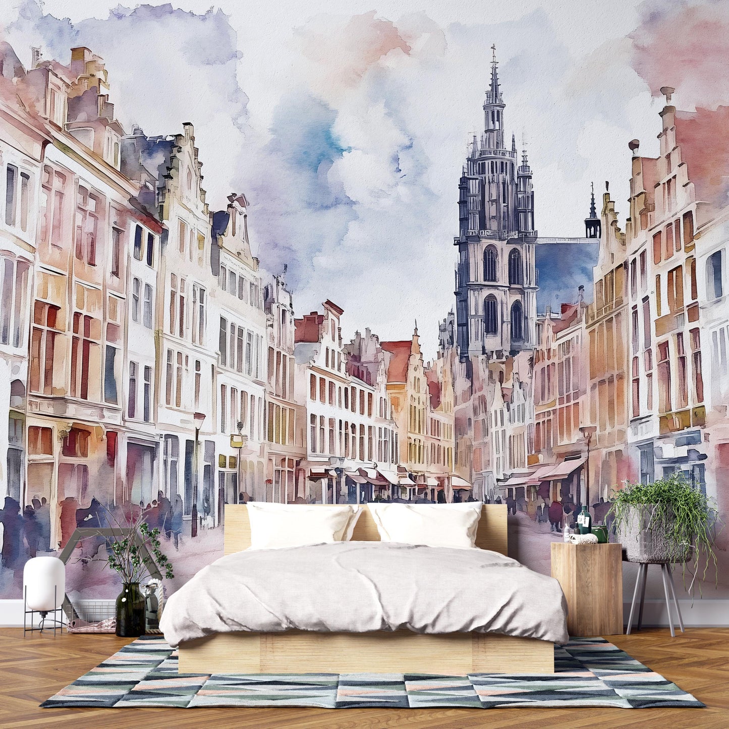 Antwerp Belgium Wall Mural – Cathedral & Historic Street Watercolor Wallpaper Vn940