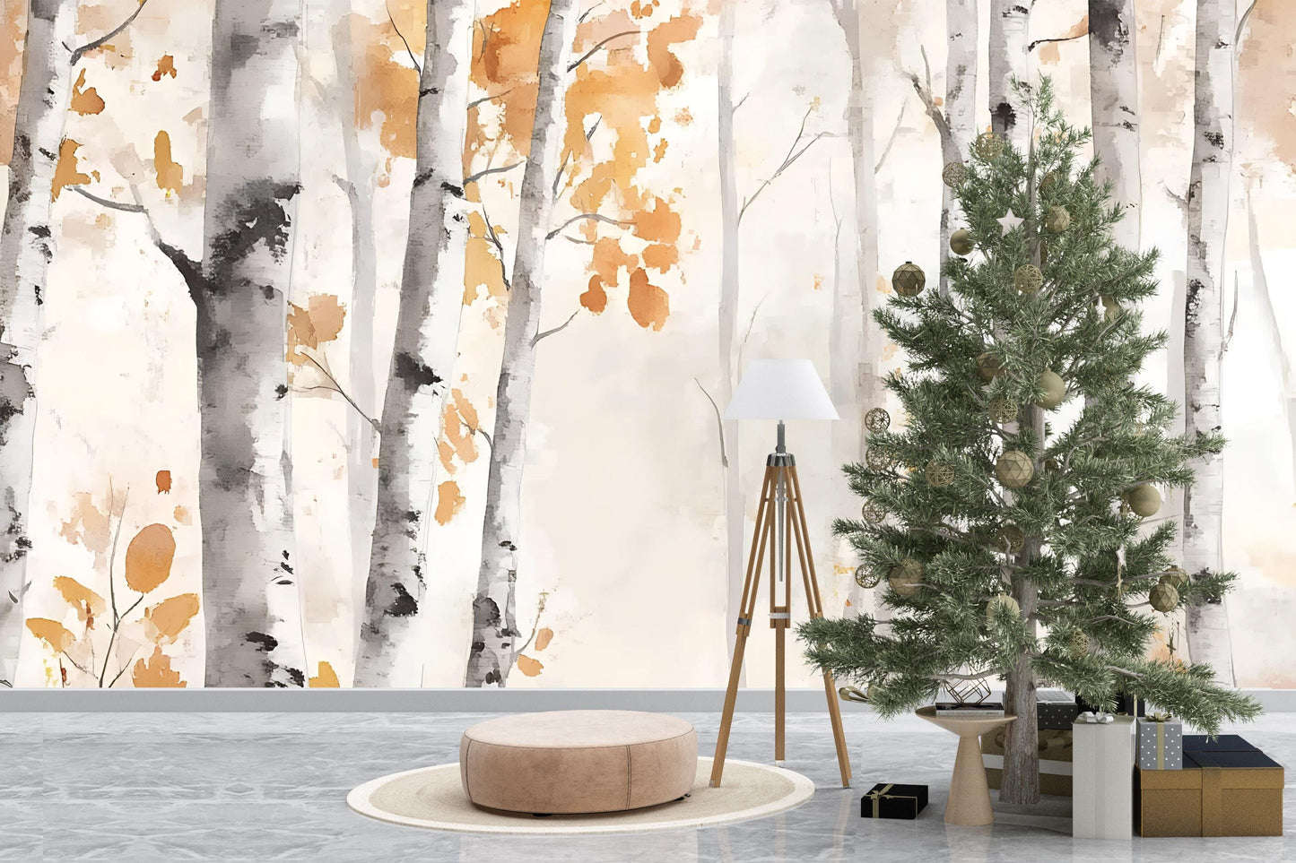 Birch Tree Wall Mural | Autumn Forest Wallpaper | Neutral Nature Accent Wall | Scandinavian Woodland Peel and Stick Wall Art Vn491