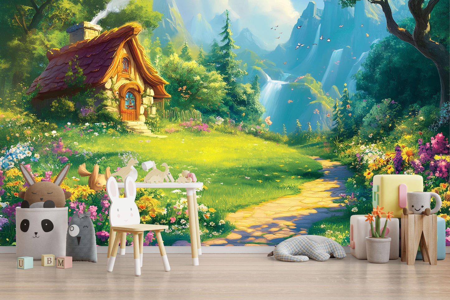 Whimsical Forest Wall Mural | Kids Room Fairy Tale Wallpaper | Magical Flower Garden Backdrop | Enchanted Nursery Decor Vn711