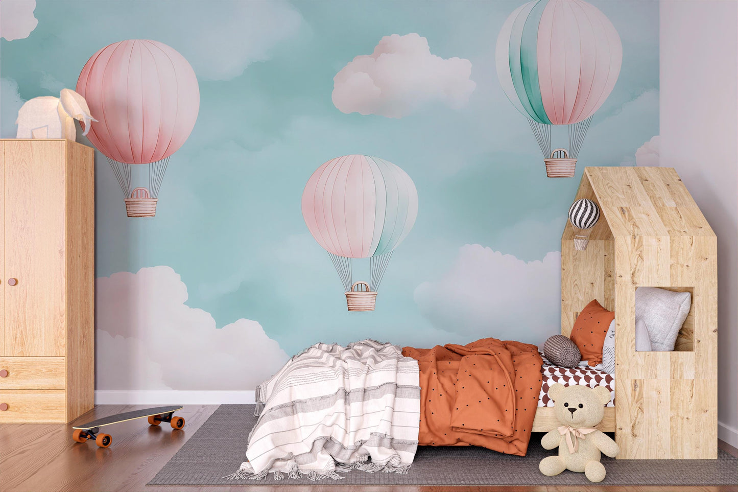 Hot Air Balloon Mural – Cloud Sky Nursery Wallpaper Baby Room Decor Vn994