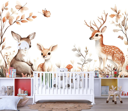 Woodland Deer Nursery Wall Mural, Baby Forest Animal Wallpaper, Neutral Nature Kids Room Decor Vn344