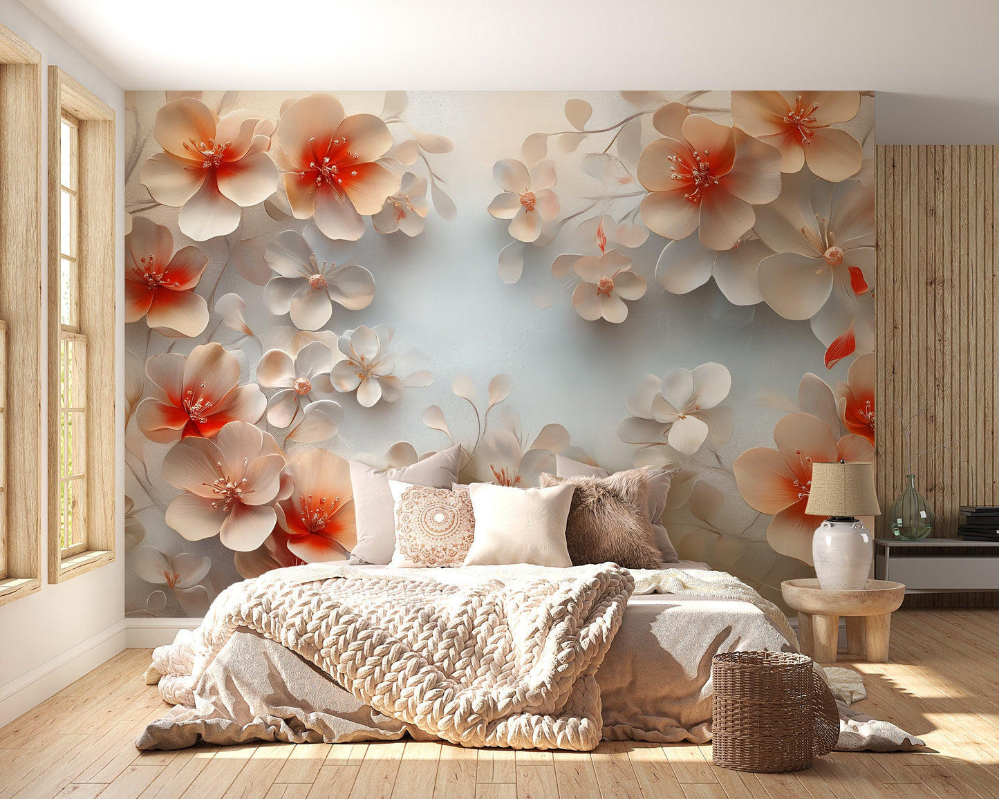 Romantic 3D Floral Wall Mural | Peach Blossom Wallpaper | Elegant Bedroom Accent | Large Flower Wall Art | Botanical Nature Decor Vn575