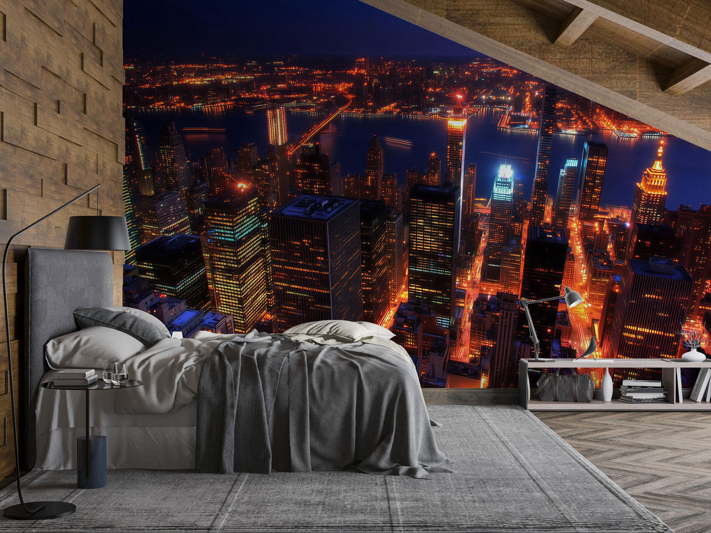 NYC Aerial Night Skyline Wall Mural – New York City Lights Wallpaper for Bedroom Vn896