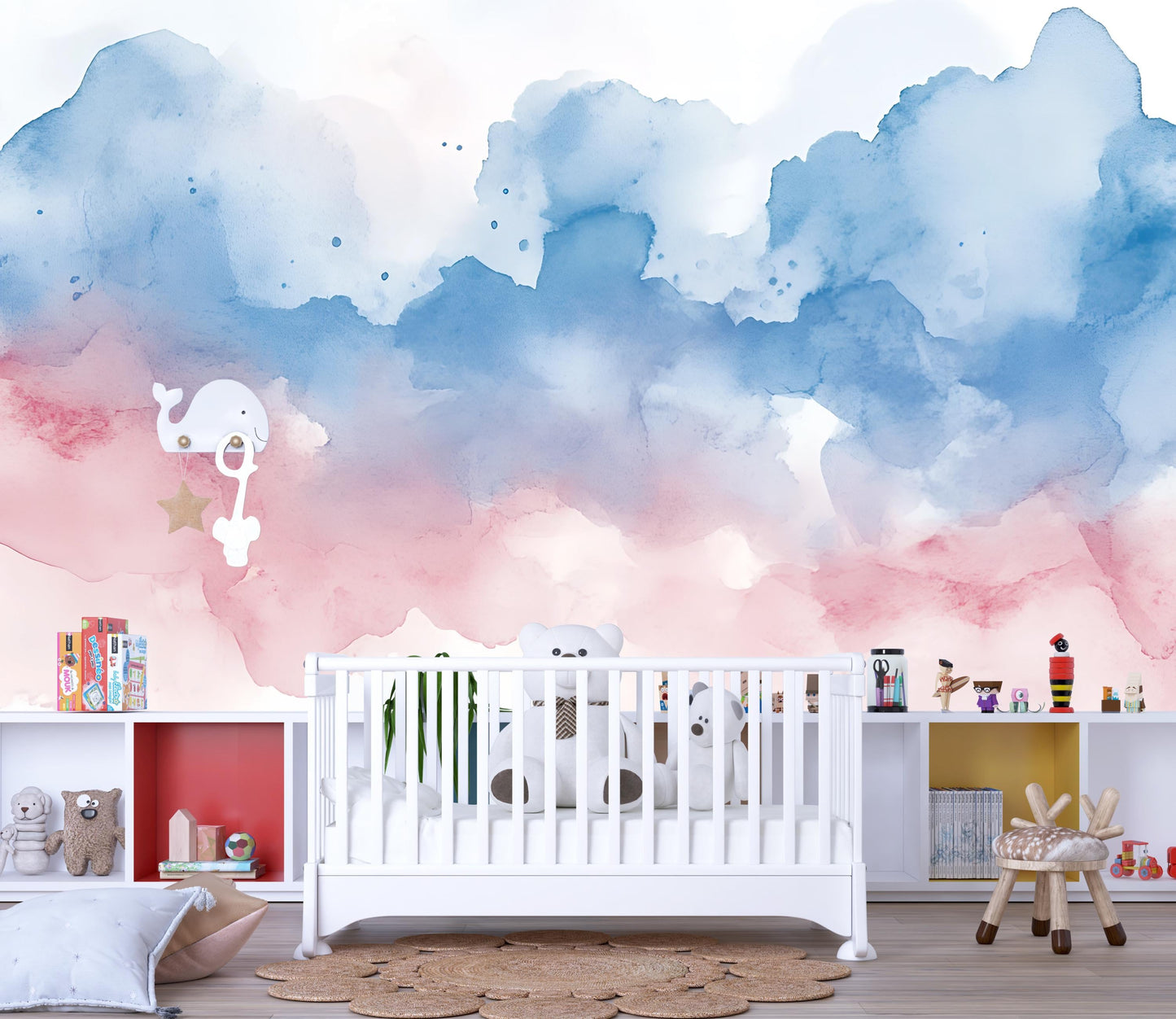 Watercolor Wall Mural for Kids Room – Blue Pink Ombre Nursery Wallpaper – Abstract Cloudy Sky Art Vn557