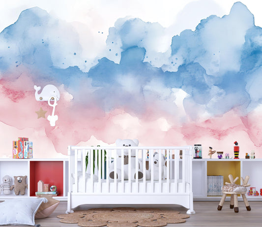 Watercolor Wall Mural for Kids Room – Blue Pink Ombre Nursery Wallpaper – Abstract Cloudy Sky Art Vn557