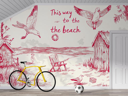 Coastal Beach Wall Mural | Vintage Seaside Wall Art | This Way to the Beach Sign | Cottagecore Bedroom Decor Vn723