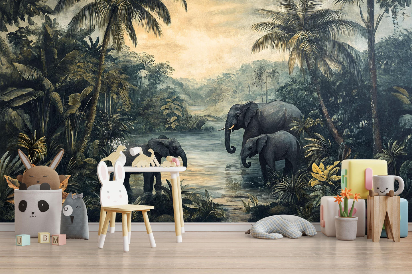 Elephant Jungle Safari Kids Wall Mural – Wildlife Nursery Adventure Wallpaper  Vn833