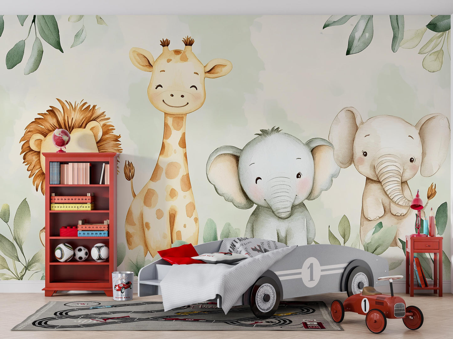 Safari Jungle Wall Mural – Cute Lion Giraffe Elephant Nursery Wallpaper Vn990