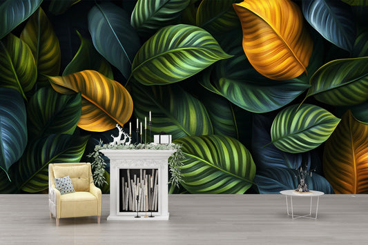 Tropical Leaf Wallpaper Mural – Jungle Botanical Wall Art, Large Green Yellow Leaves Removable Wallpaper, Modern Nature Vn207