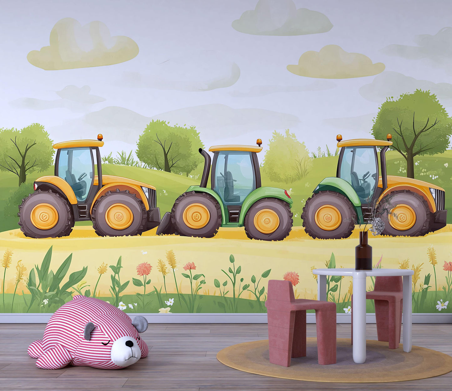 Tractor Wall Mural for Kids Room – Farm Theme Boys Bedroom Wallpaper – Cartoon Tractors Nursery Wall Art – Playroom Decor Vn627