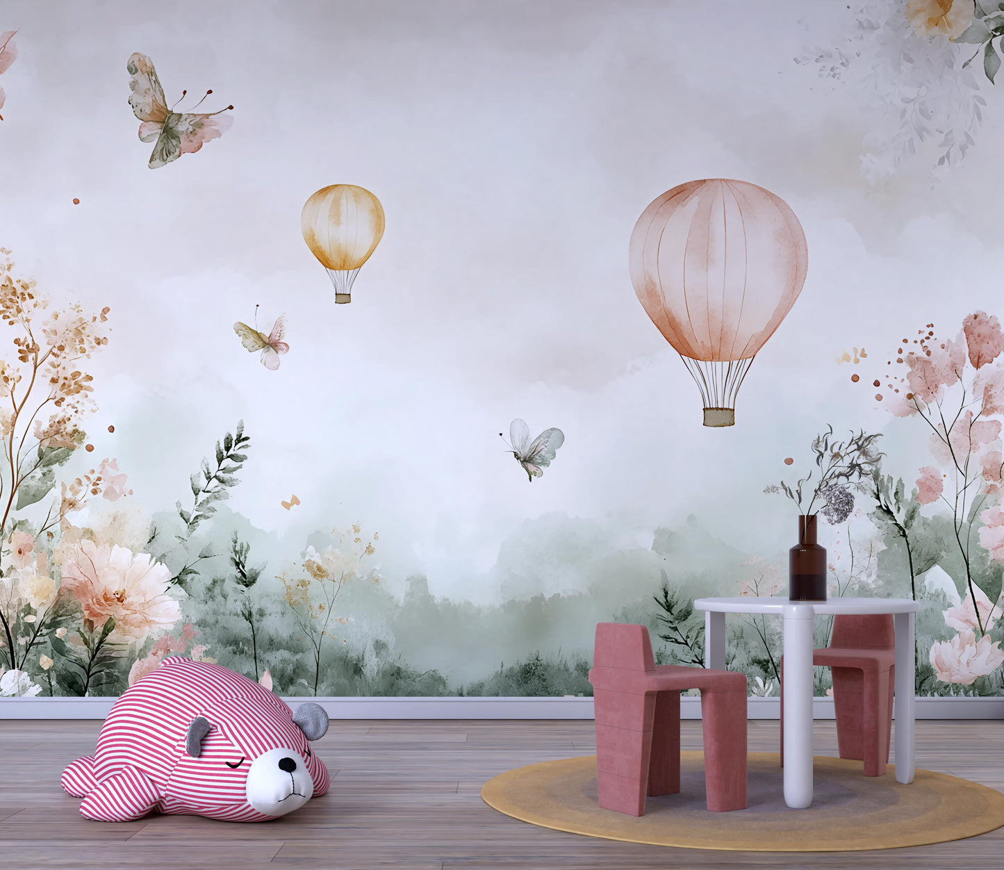 Hot Air Balloon Nursery Wall Mural – Boho Baby Room Wallpaper – Soft Pastel Floral and Butterfly Nature Theme Vn556