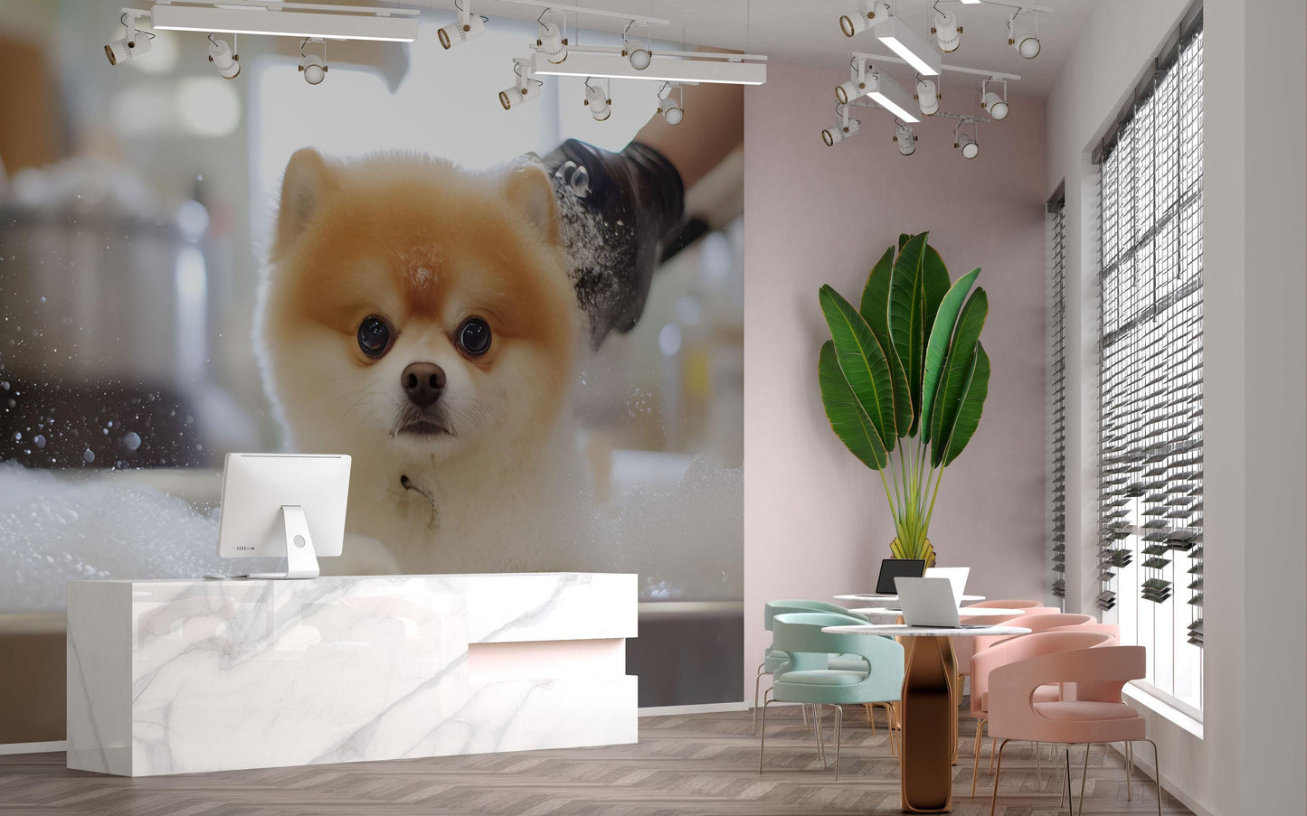 Cute Pomeranian Dog Art Print | Whimsical Pet Bathroom Decor | Surreal Animal Wall Art for Dog Lovers Vn671