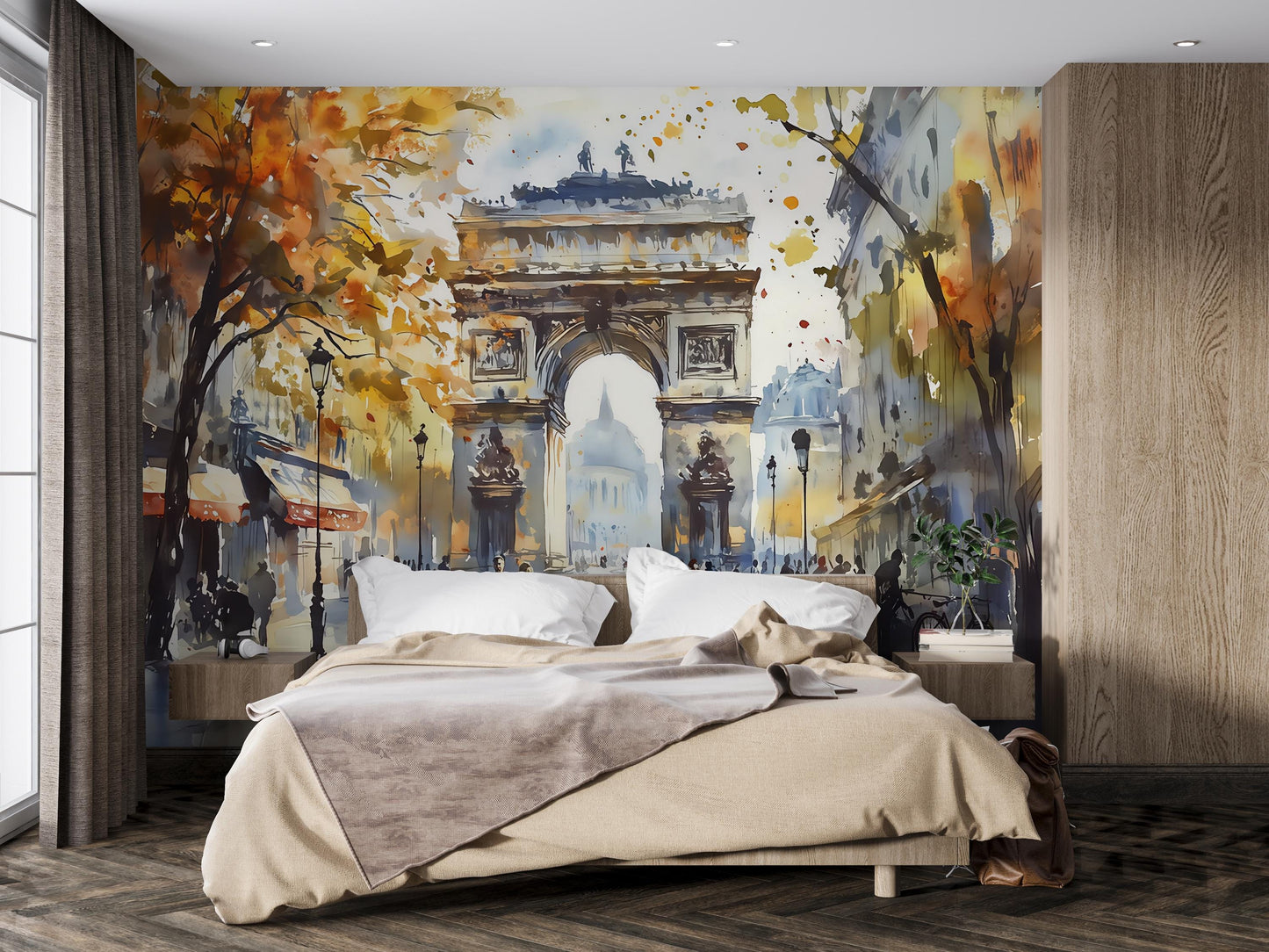 Arc de Triomphe Wall Mural – Paris Watercolor Landmark Wallpaper Vn936