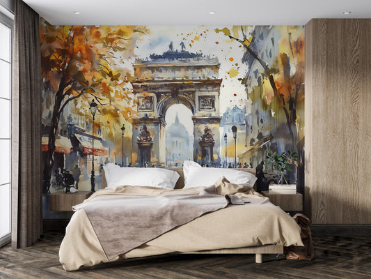 Arc de Triomphe Wall Mural – Paris Watercolor Landmark Wallpaper Vn936