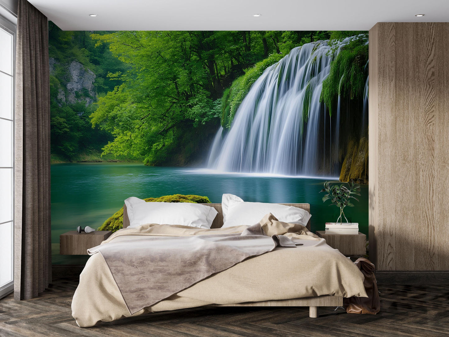 Waterfall Forest Wall Mural – Nature Bedroom Decor – Scenic Waterfall Wallpaper – Tranquil Green Landscape Mural Vn694
