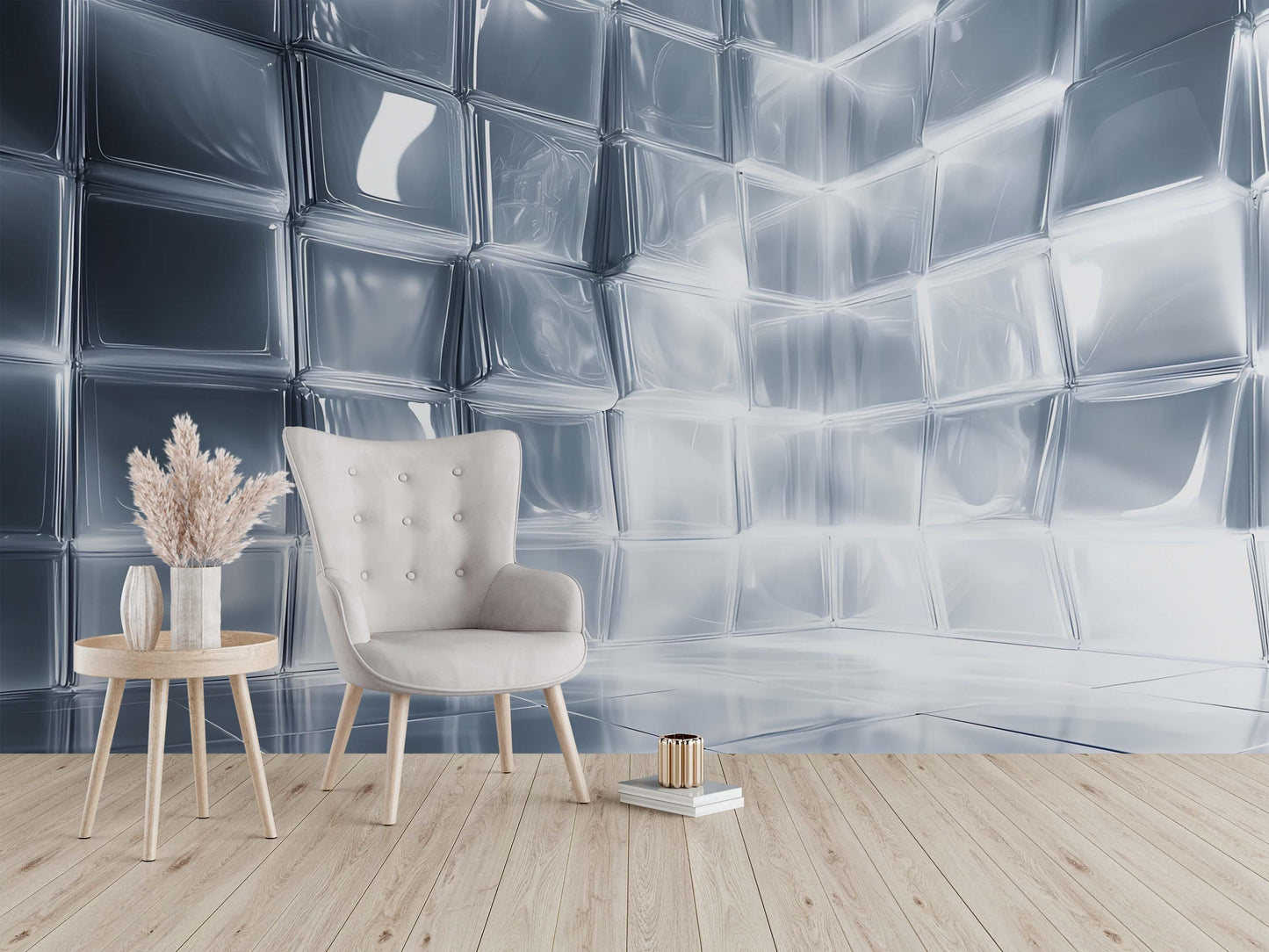 Modern 3D Silver Cube Wall Mural – Abstract Metallic Geometric Wallpaper for Living Room, Office, or Studio Decor  Vn749