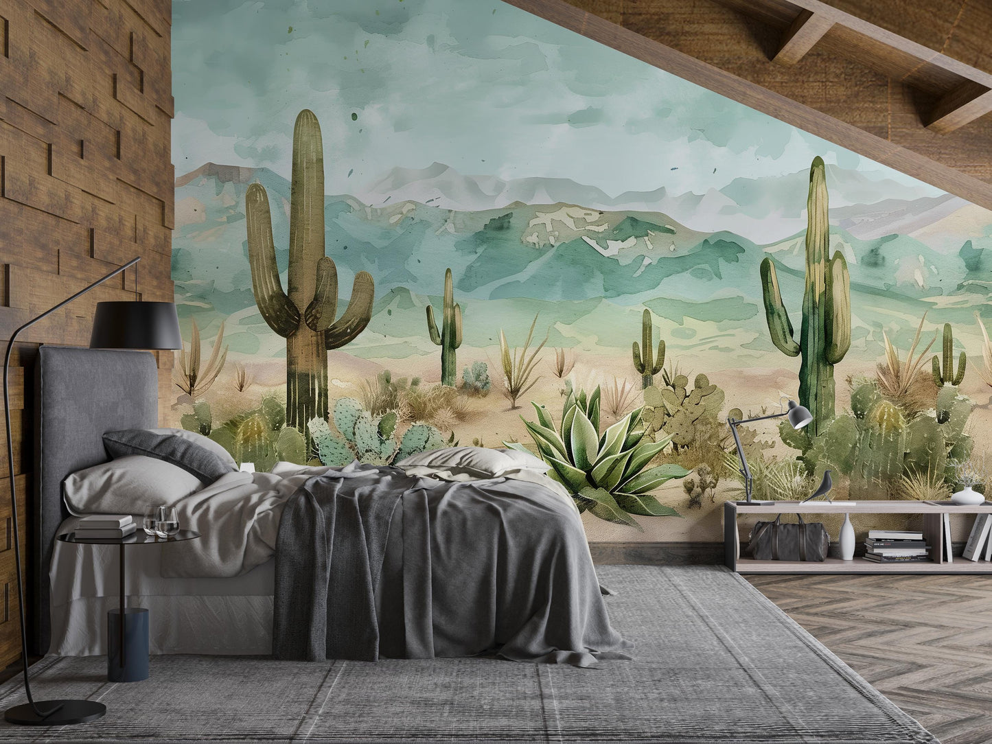 Watercolor Desert Cactus Wall Mural – Southwest Landscape Wallpaper with Mountains Vn1010