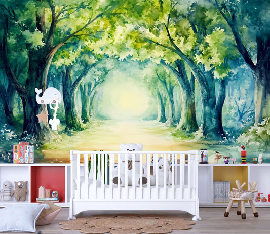Forest Wonderland Nursery Wall Mural – Watercolor Woodland Trees Wallpaper for Baby Room Decor Vn760