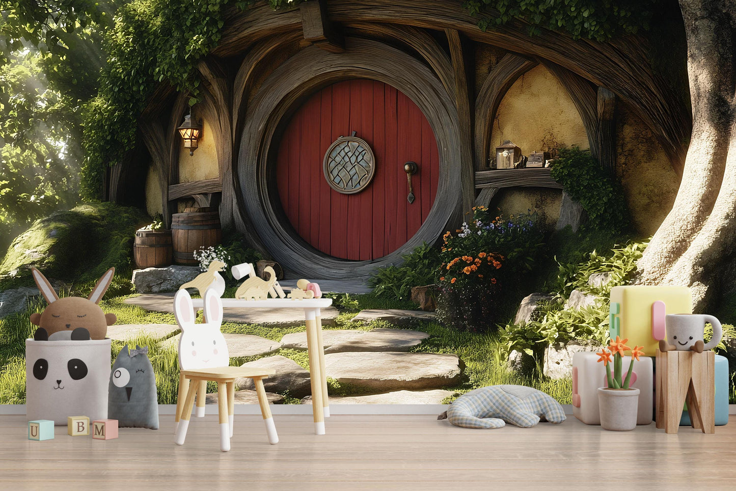Hobbit Nursery Wall Mural – Fantasy Woodland Door Backdrop | Cozy Kids Room Decor | Enchanted Hobbit Hole Wallpaper Vn606