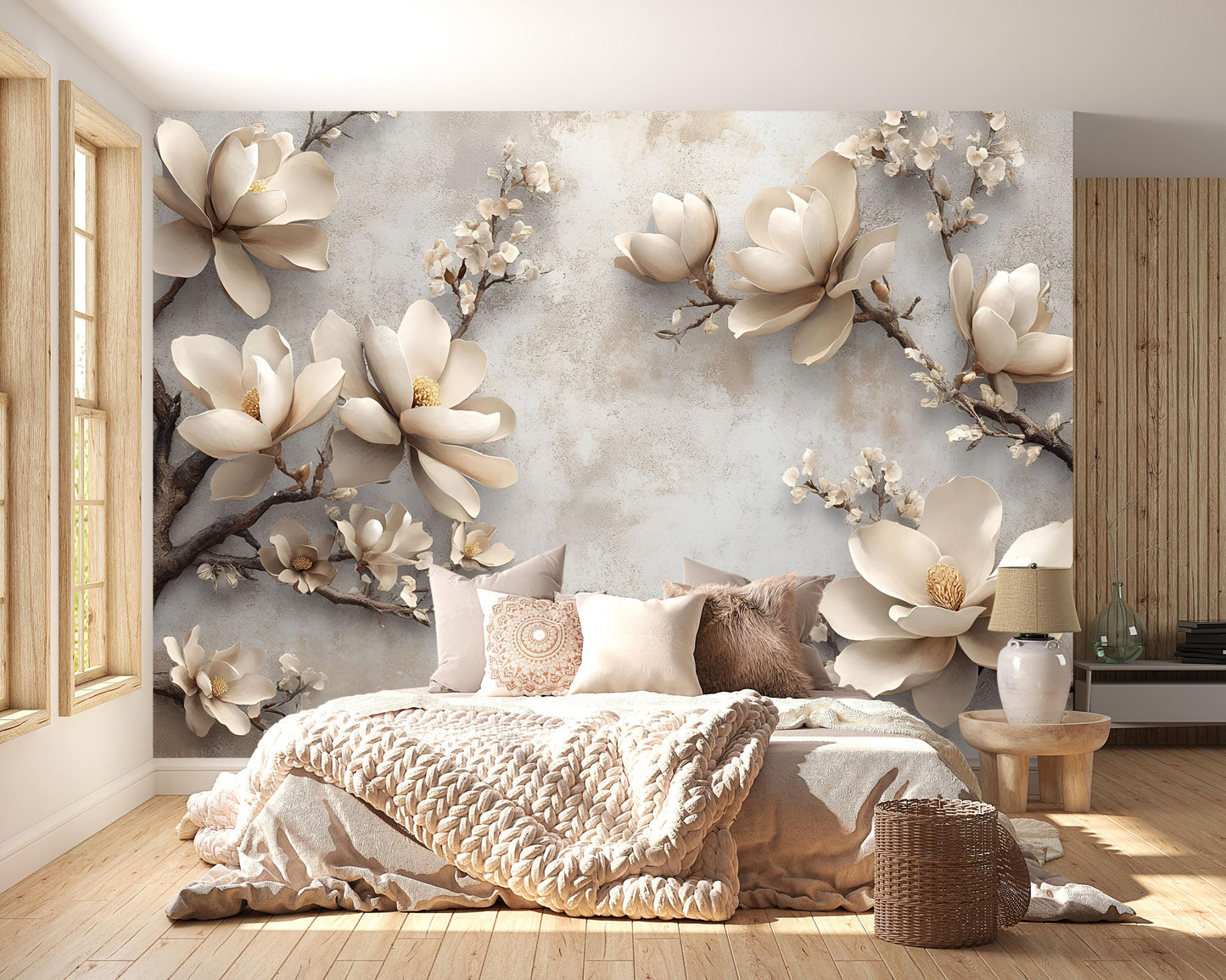 3D Magnolia Flower Wall Mural – Luxury Beige Floral Wallpaper for Bedroom & Living Room Decor Vn754