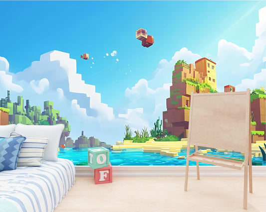Minecraft Style Kids Wall Mural - Pixel Art Lake Scene Wallpaper - Boys Room Decor Vn280