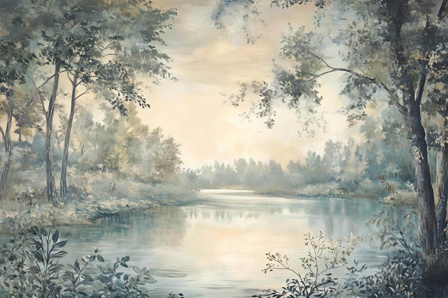 Calm River Forest Wall Mural – Nature Landscape Wallpaper for Bedroom & Living Room Vn975