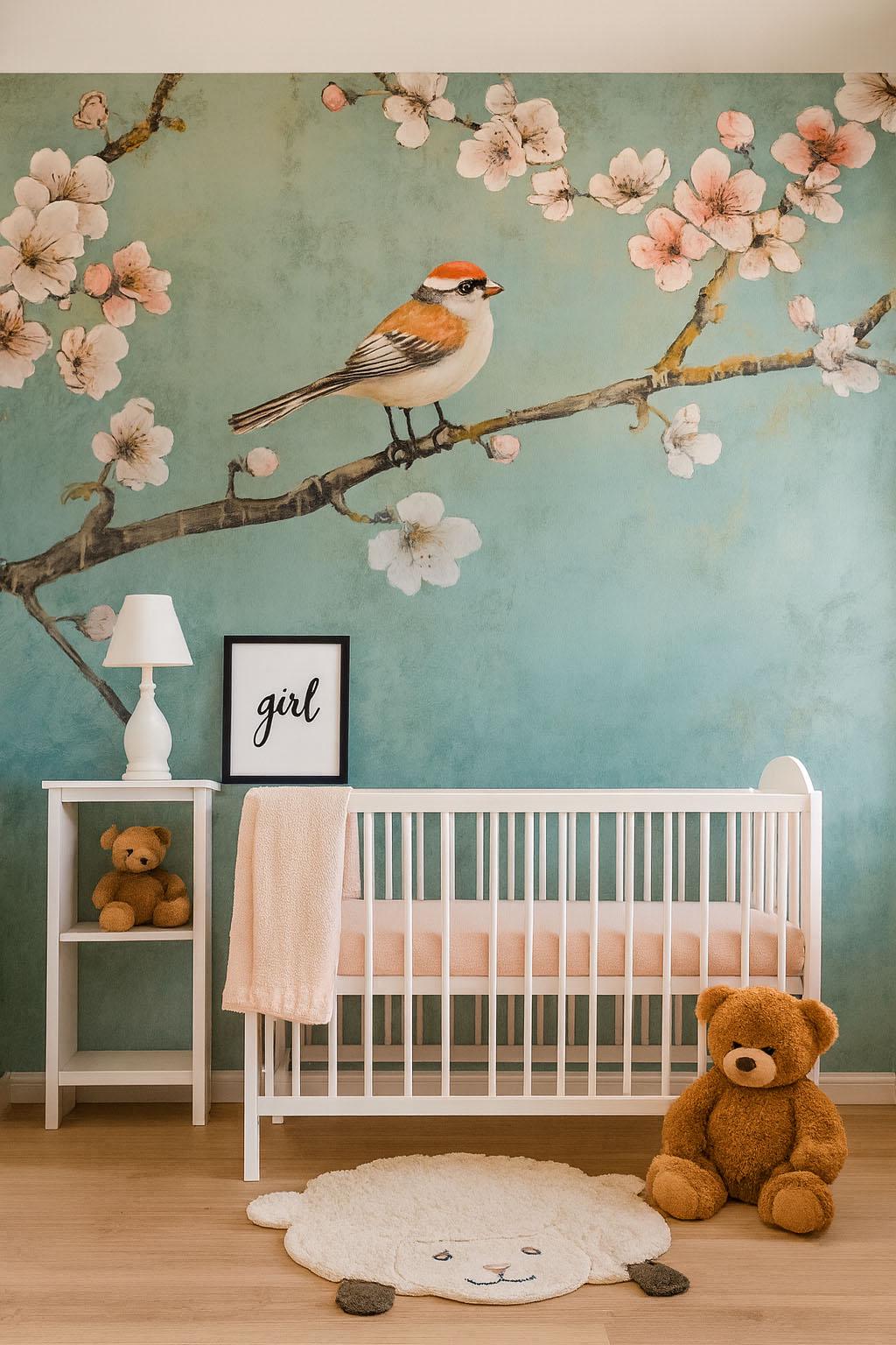 Bird and Blossom Wall Mural – Cherry Blossom Nursery Wallpaper, Nature Accent Wall for Kids Room or Bedroom Vn860