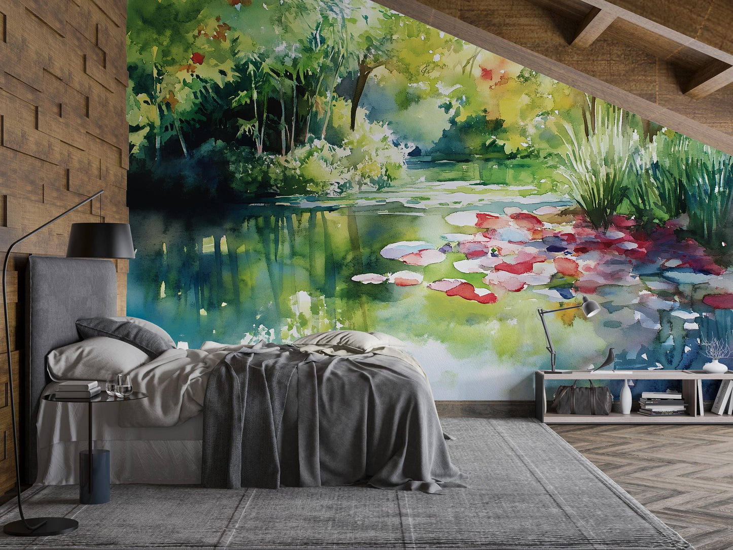 Watercolor Nature Wall Mural | Tranquil Forest Lake Wallpaper | Bedroom Accent Wall Art Vn550