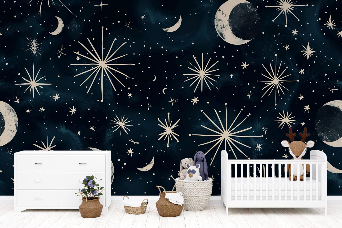 Celestial Star Wallpaper – Night Sky Moon and Stars Wall Mural for Bedroom or Nursery Vn1012