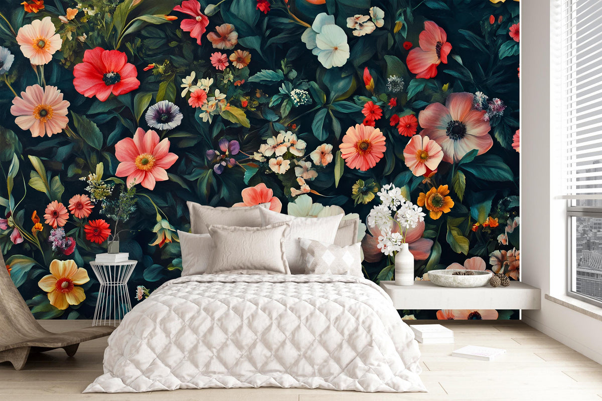 Large Floral Wall Mural for Bedroom – Dark Botanical Wallpaper – Vintage Flower Accent Wall – Peel and Stick or Traditional Vn205