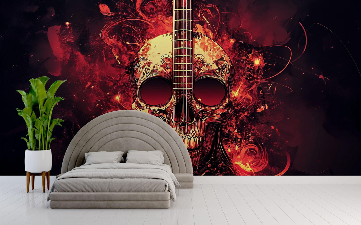 Skull Guitar Wall Mural | Rock Music Bedroom Decor | Gothic Fire Skull Art Wallpaper | Cool Musician Wall Art Vn720