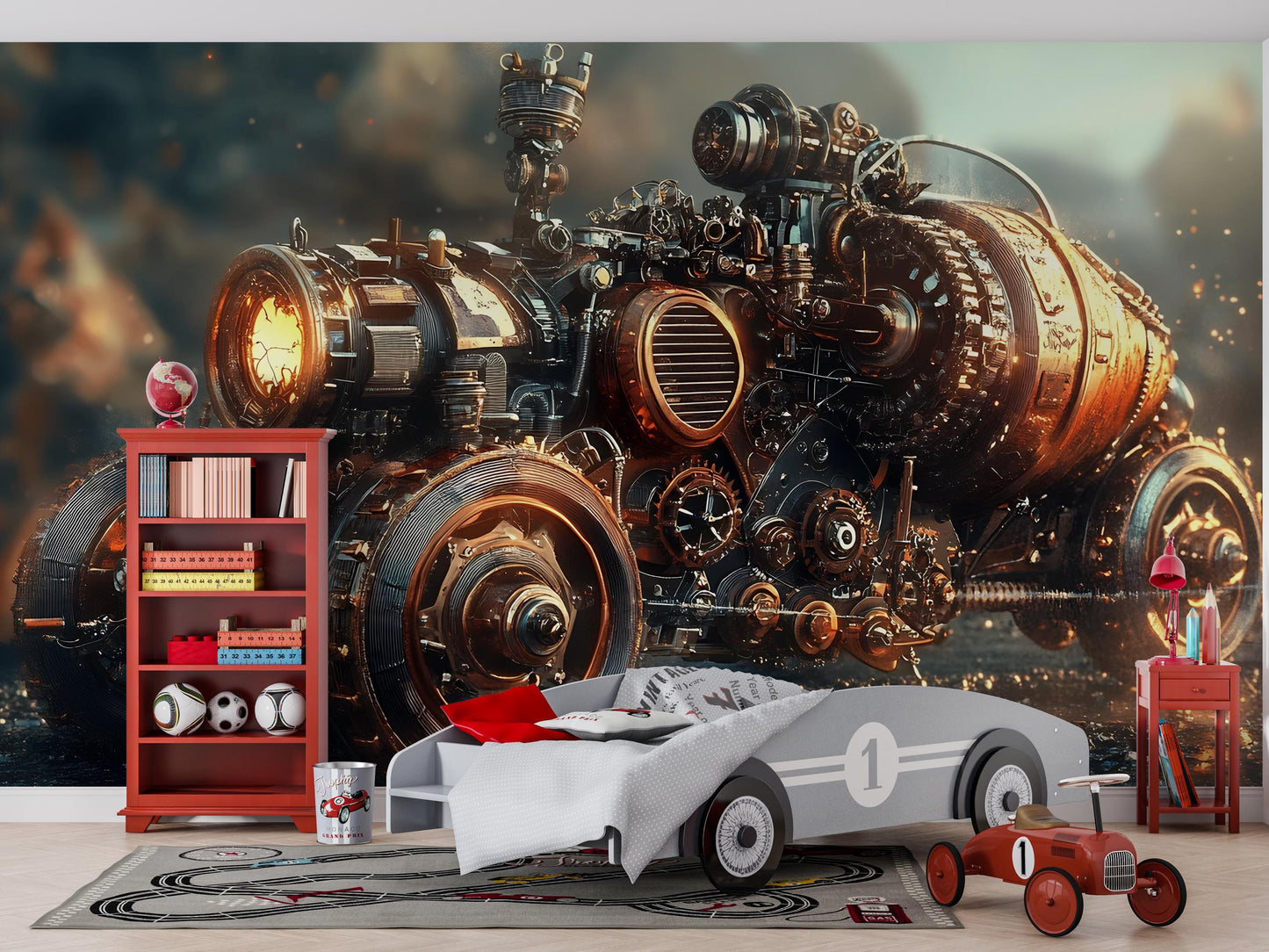 Steampunk Engine Wall Mural – Industrial Futuristic Art Print | Sci-Fi Bedroom Decor | Dark Fantasy Wall Art | Steampunk Home Accent Vn377