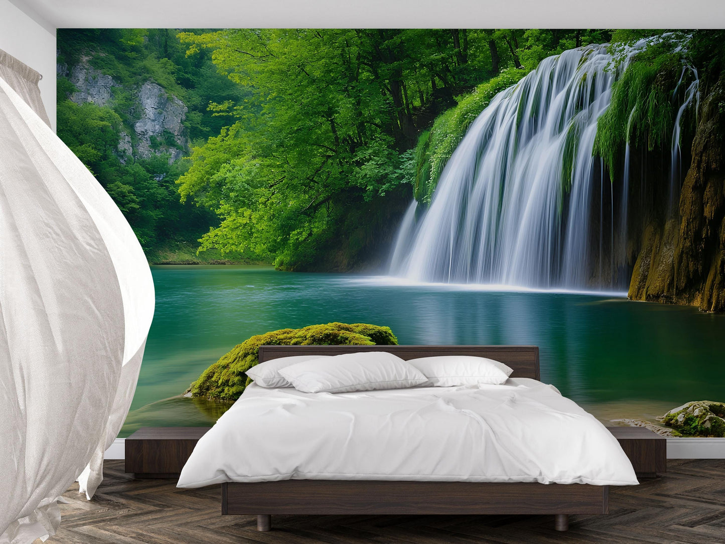 Waterfall Forest Wall Mural – Nature Bedroom Decor – Scenic Waterfall Wallpaper – Tranquil Green Landscape Mural Vn694