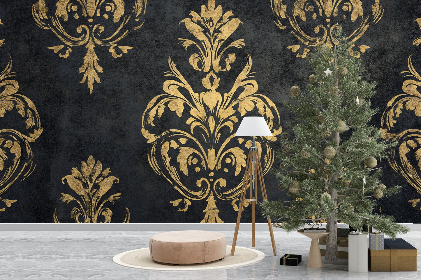 Luxury Baroque Black & Gold Damask Wallpaper – Elegant Textured Wall Mural Vn639
