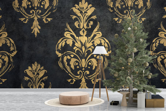 Luxury Baroque Black & Gold Damask Wallpaper – Elegant Textured Wall Mural Vn639