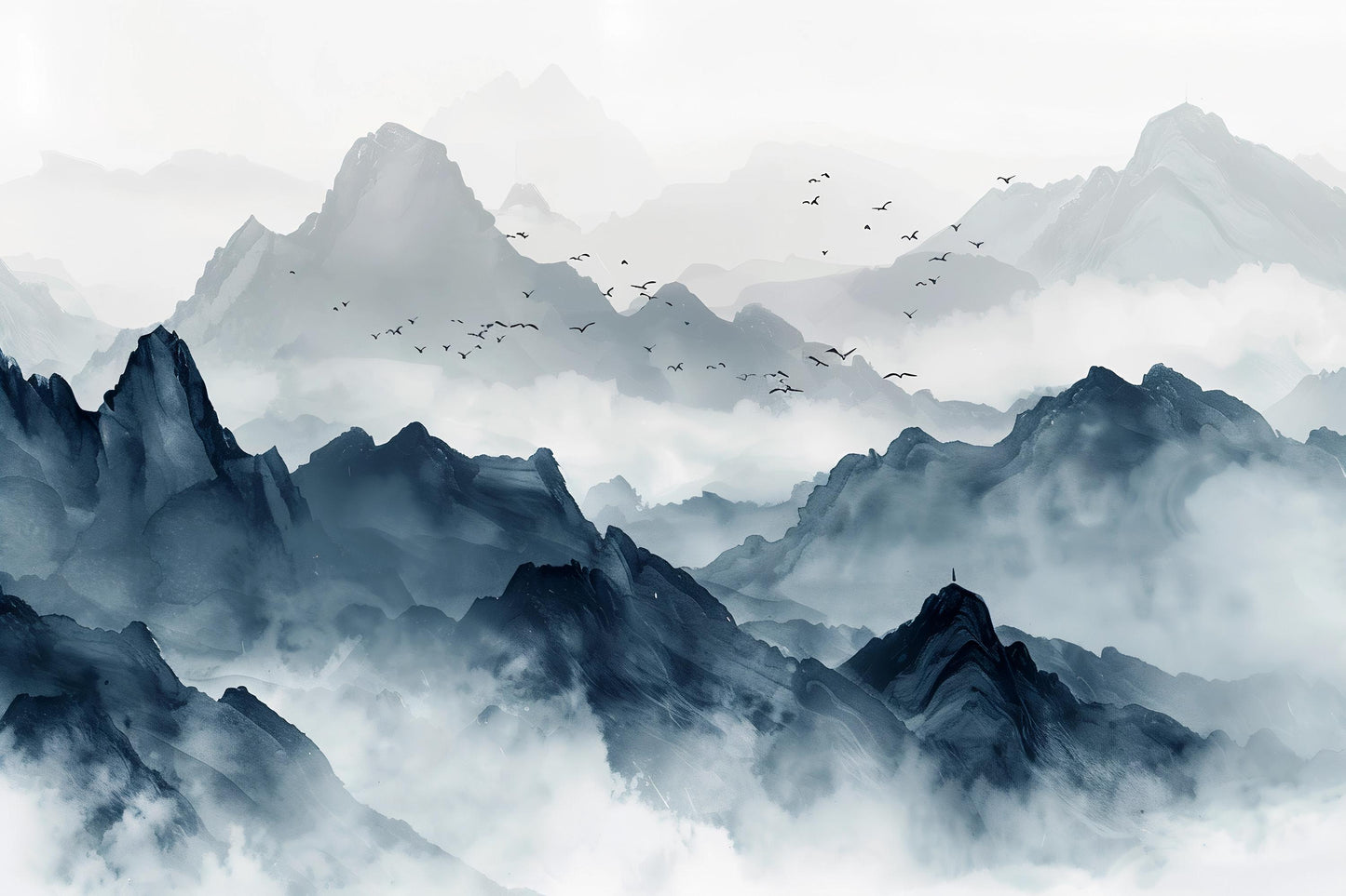 Blue Mountain Wall Mural, Misty Landscape Wallpaper, Tranquil Nature Wall Art Decor Vn1060