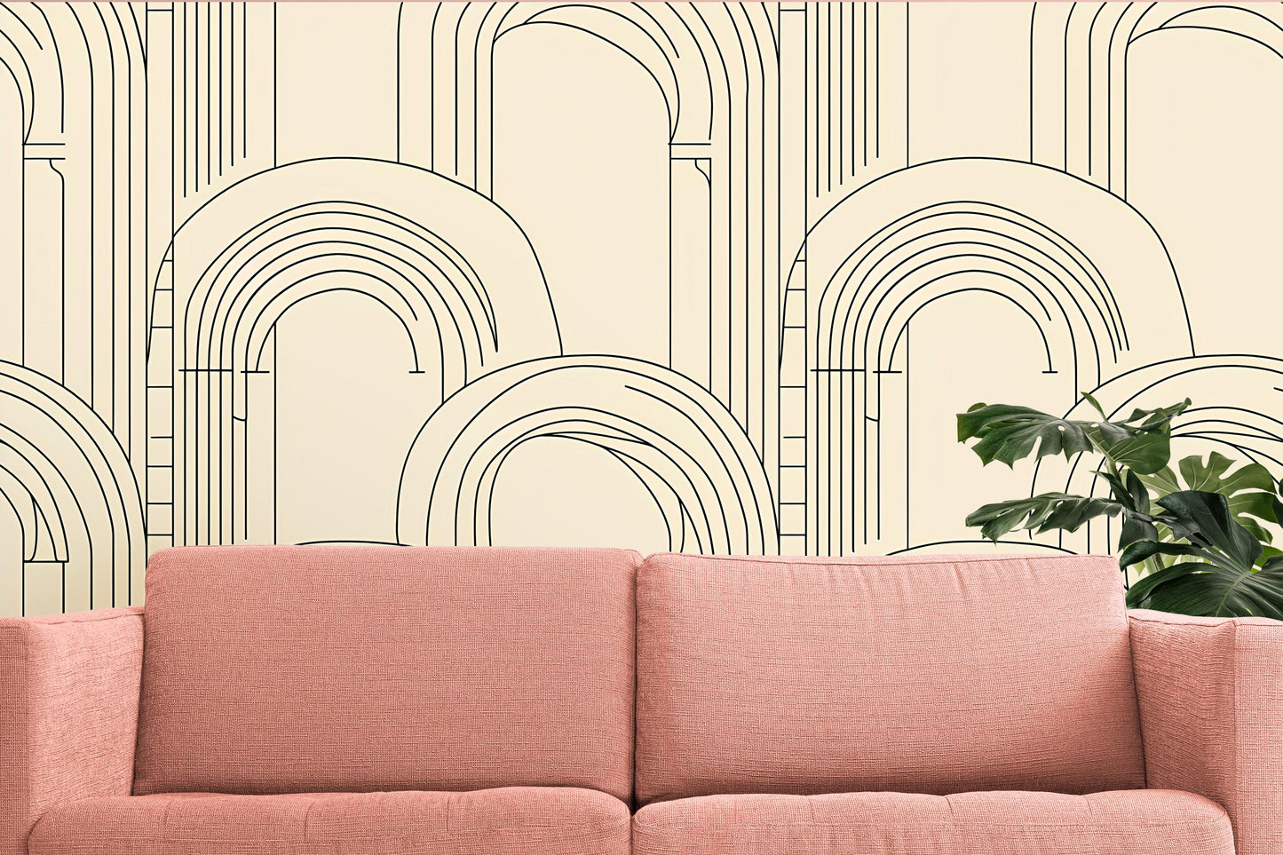 Beige Arch Line Art Wallpaper – Modern Minimalist Geometric Wall Mural Vn1093