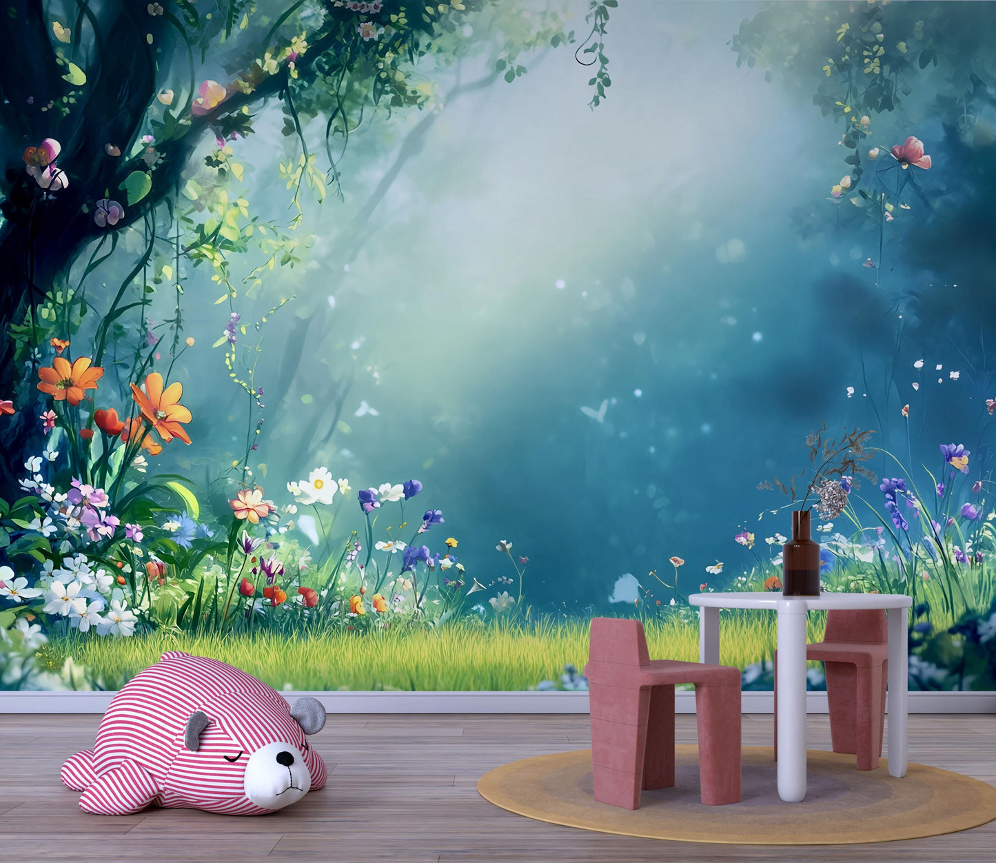 Whimsical Forest Wall Mural for Kids Room – Magical Garden Wallpaper – Fairy Tale Nature Scene Vn712