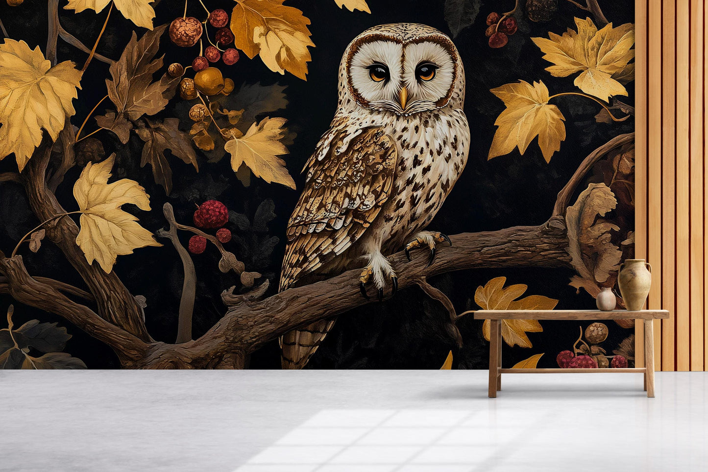 Autumn Owl Wall Mural – Dark Forest Wallpaper, Cozy Nature Room Decor Vn496