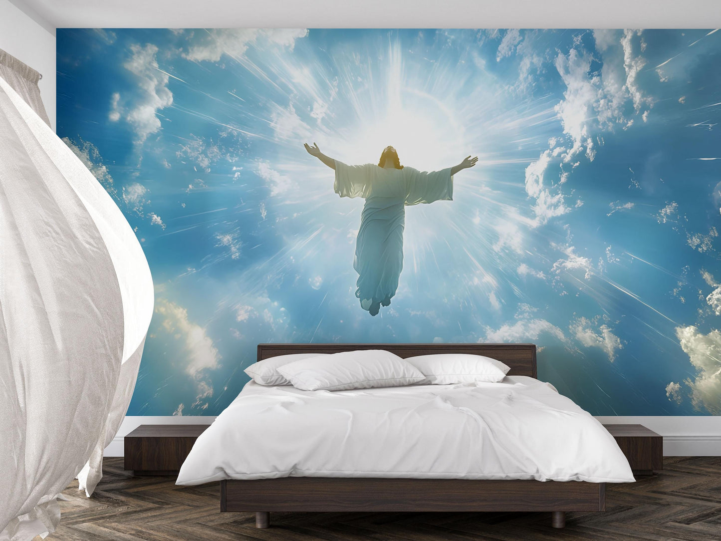 Heavenly Jesus Wall Mural | Christian Spiritual Bedroom Art | Religious Sky Clouds Wallpaper | Inspiring Faith Room Decor Vn613