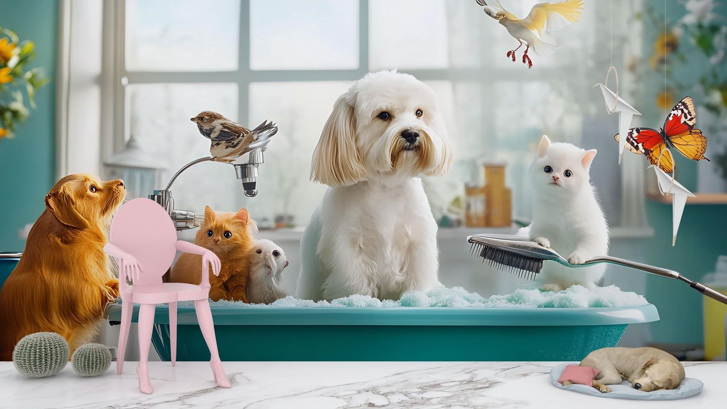Whimsical Animal Bathtime Wall Mural – Cute Pets in Tub Scene Vn674