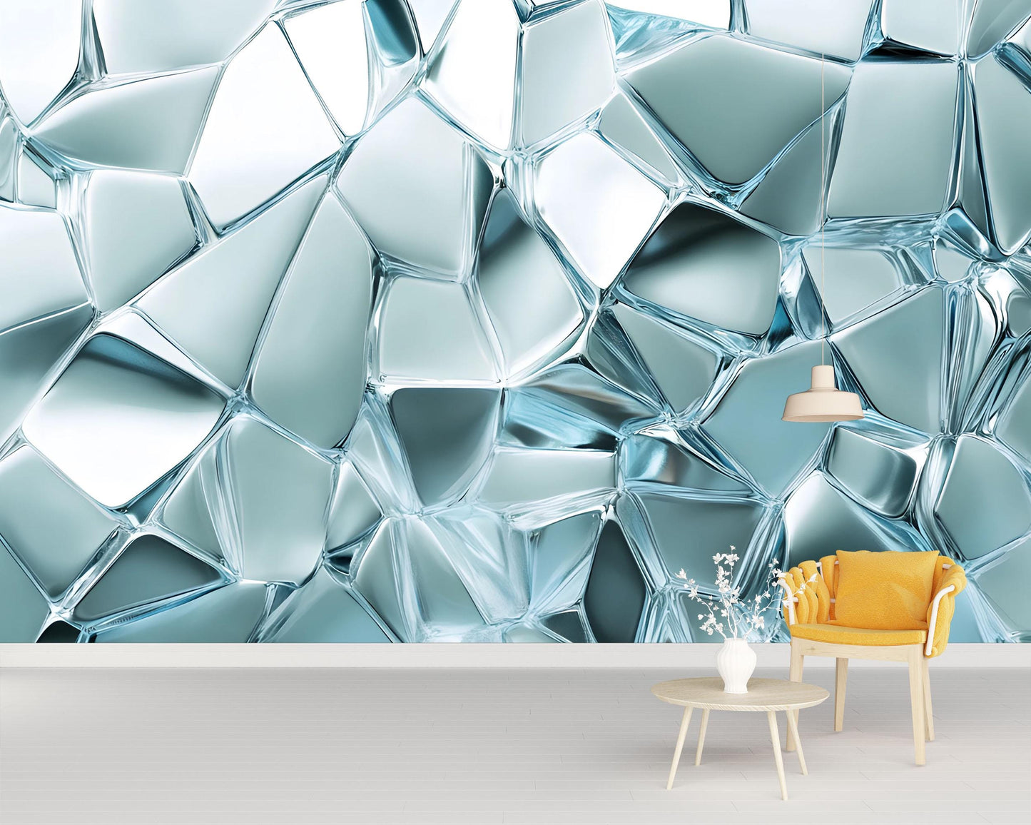 Abstract Glass Crystal Wall Mural – Modern 3D Ice Effect Wallpaper – Cool Blue Textured Accent Wall for Living Room or Office Vn656