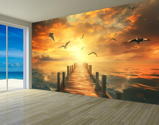 Ocean Sunset Wall Mural – Pier Dock Seascape with Birds – Beach Sunset Wall Art – Large Seaside Wall Decor  Vn013