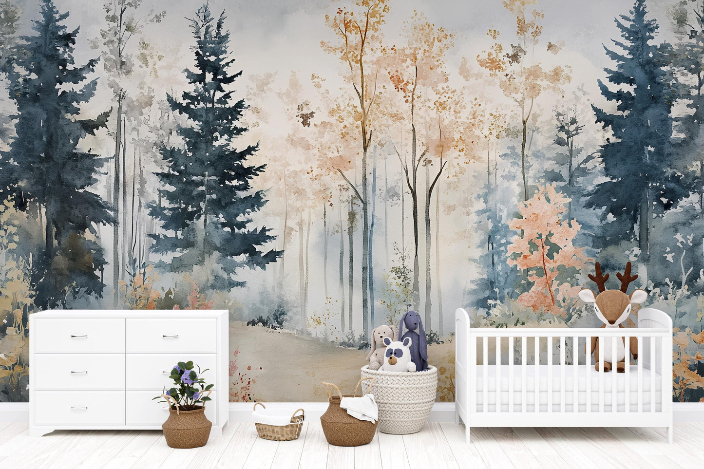 Whimsical Forest Wall Mural for Kids Room – Soft Watercolor Woodland Wallpaper with Trees Vn562