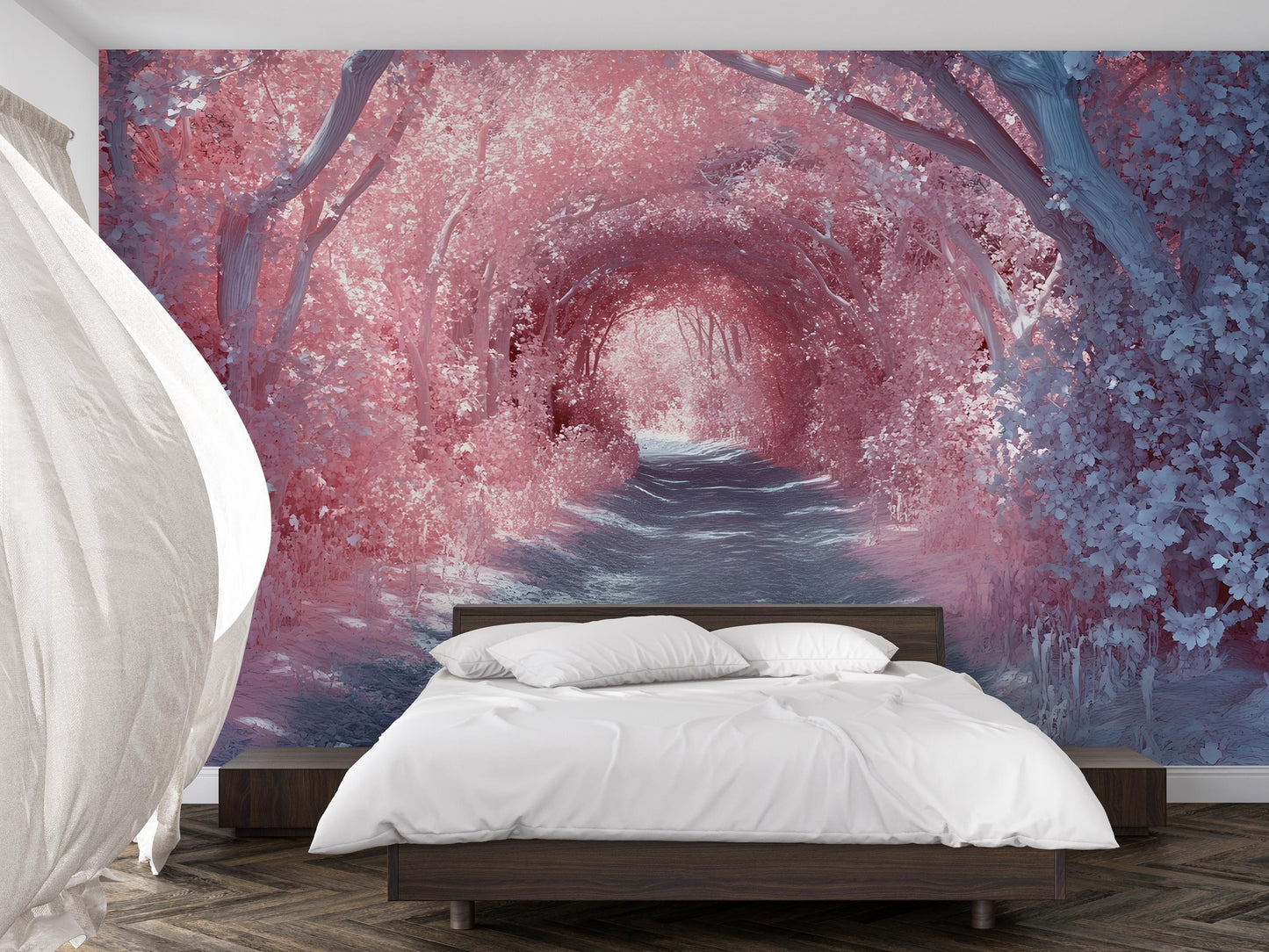 Forest Path Wall Mural – Dreamy Pink & Blue Nature Scene, Bedroom Accent Wallpaper, Mystical Woodland Art Print Vn578