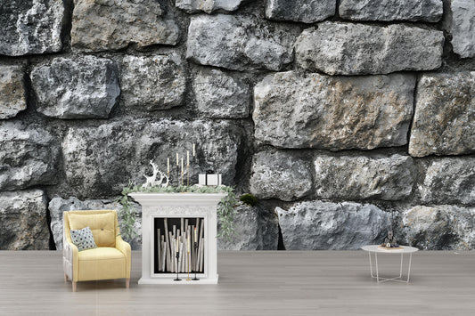Rustic Stone Wall Mural Wallpaper – Realistic Textured Stone Block Backdrop for Living Room or Office Decor Vn586