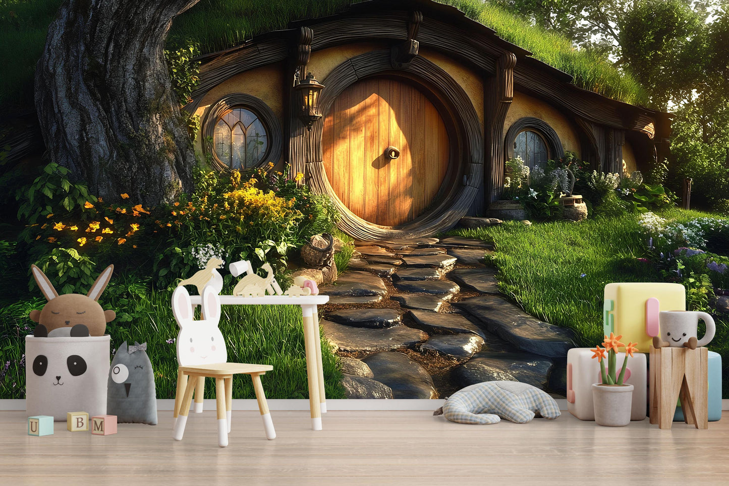 Whimsical Hobbit House Wall Mural for Kids Room – Fantasy Forest Nature Scene for Playroom, Nursery, or Cozy Nook Decor Vn602
