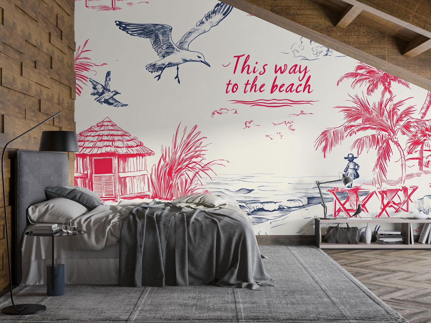 Beach Wall Mural | Coastal Bedroom Wallpaper | Tropical Palm Tree & Seagull Art | This Way to the Beach Ocean Wall Decor Vn718