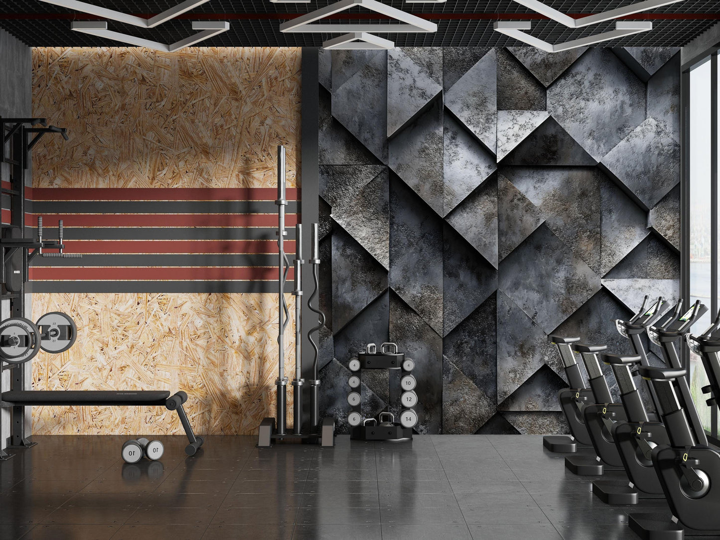 Industrial 3D Geometric Wall Mural – Modern Textured Gym & Fitness Room Wallpaper Vn734