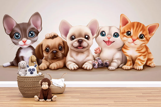 Adorable Puppy and Kitten Wall Art – Cute Animal Mural for Nursery or Kids Room Decor Vn321